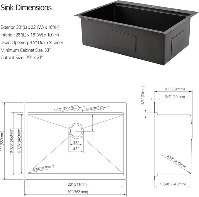 30 Drop in Black Stainless Steel Kitchen Sink, Luckyhorse 30x22 Inches 16 Gauge Nano Black Stainless Steel Single Bowl Topmount Workstation Kitchen Sink LH006SB