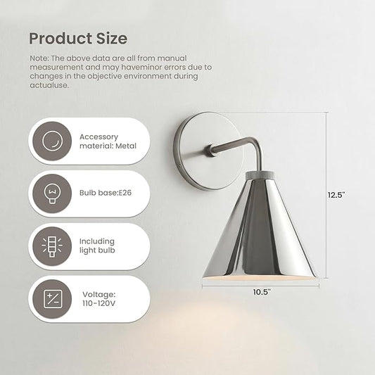Retro Industrial Metal Cone Wall Light - Vintage Inspired Modern Silver Wall Sconce with Metal Shade, Wall Mount Lighting for Bedroom, Hallway, Living Room (10.5“W x 10.5" L x 12.5" H Silvery)