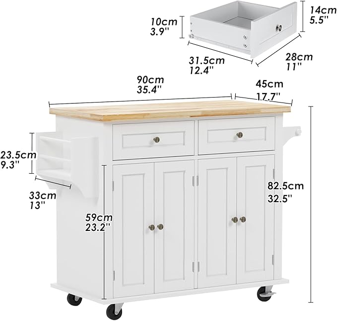 SogesHome Kitchen Island Cart with Storage Kitchen Cart Sideboard and Buffet with Wheels Bar Cart with Large Countertop, with Towel Holder and Spice Rack, 2 Drawers, 2-Door Cabinets, White&Maple