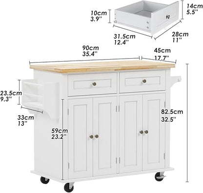 SogesHome Kitchen Island Cart with Storage Kitchen Cart Sideboard and Buffet with Wheels Bar Cart with Large Countertop, with Towel Holder and Spice Rack, 2 Drawers, 2-Door Cabinets, White&Maple