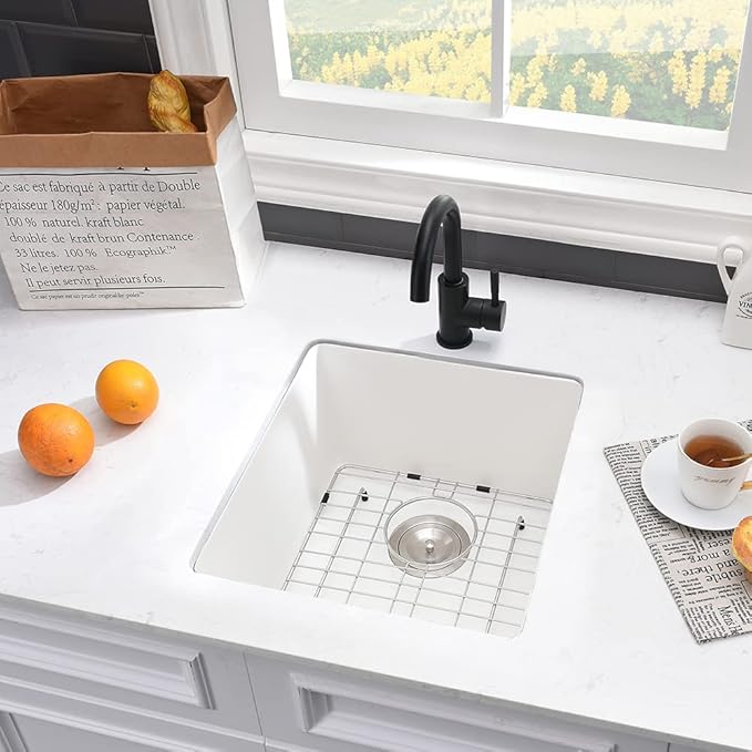White Bar Sink Undermount-VASOYO 15x17 Small Kitchen Sink Undermount Wet Bar Sinks White Quartz Composite Deep Single Bowl Outdoor Rv Sinks with Bottom Grid