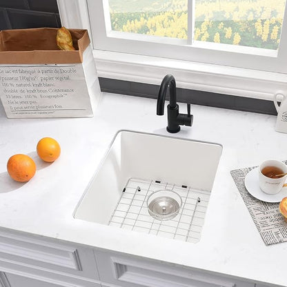 White Bar Sink Undermount-VASOYO 15x17 Small Kitchen Sink Undermount Wet Bar Sinks White Quartz Composite Deep Single Bowl Outdoor Rv Sinks with Bottom Grid