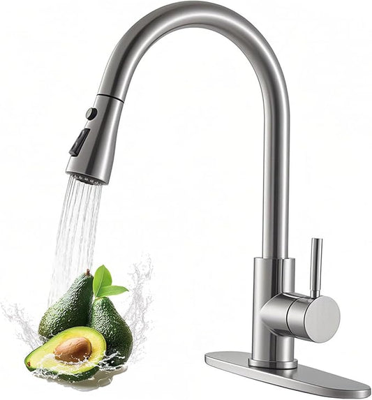 VAPSINT Kitchen Faucet, Brushed Nickel Kitchen Faucet with Pull Down Sprayer, High Arc Single Handle Commercial Stainless Steel Kitchen Sink Faucet 1 or 3 Hole for Farmhouse, RV, Laundry & Bar