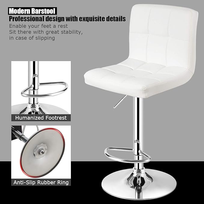 COSTWAY Adjustable Bar Stools Set of 2, Modern Swivel PU Leather Bar Chair with Backrest, Soft Cushioned Seat, Footrest, Sturdy Metal Frame, Comfortable Barstools for Kitchen Island, Pub, White