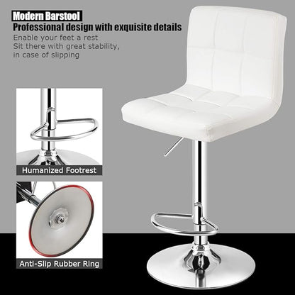 COSTWAY Adjustable Bar Stools Set of 2, Modern Swivel PU Leather Bar Chair with Backrest, Soft Cushioned Seat, Footrest, Sturdy Metal Frame, Comfortable Barstools for Kitchen Island, Pub, White