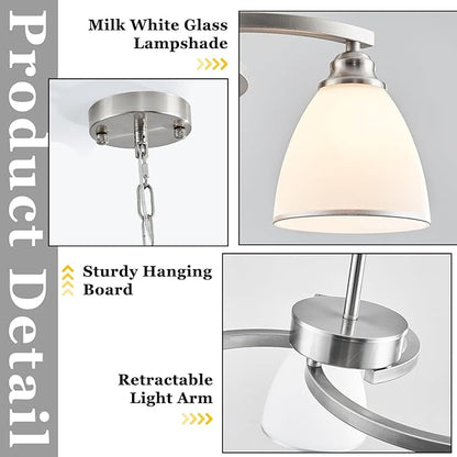 3 Lights Brushed Nickel Farmhouse Chandelier Retractable Kitchen Island Light with Milk White Frosted Glass Max 59" Height Adjustable Silver Hanging Ceiling Light for Dining Room Living Room Entry