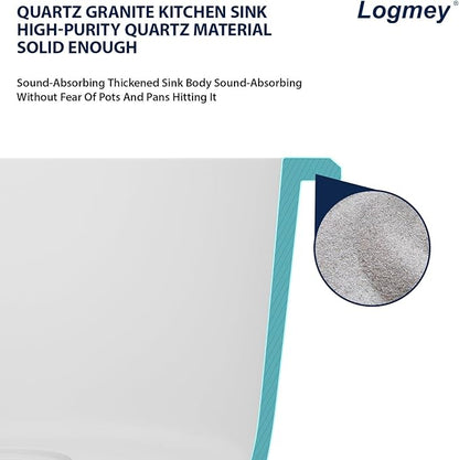 Logmey 18" Round Bar Sink White Granite Composite Quartz Undermount RV Sink Single Bowl Under Counter 9" Deep Kitchen Sinks,18x18x9 Inch