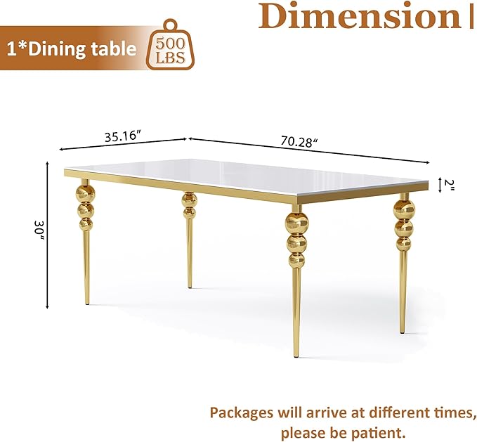 70 Inch Glass Dining Table for 6-8, Luxurious Rectangular Kitchen Table with White Tempered Glass Top, Gold Stainless Steel Legs for Dining Room, Restaurant, Living Room
