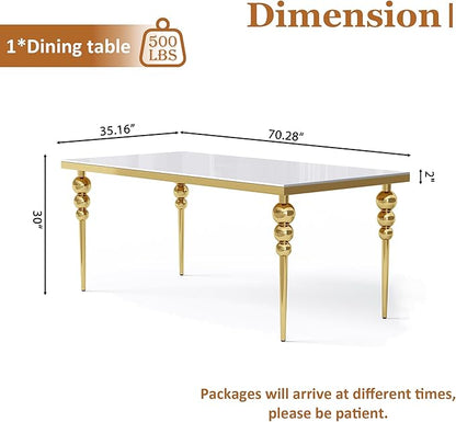 70 Inch Glass Dining Table for 6-8, Luxurious Rectangular Kitchen Table with White Tempered Glass Top, Gold Stainless Steel Legs for Dining Room, Restaurant, Living Room