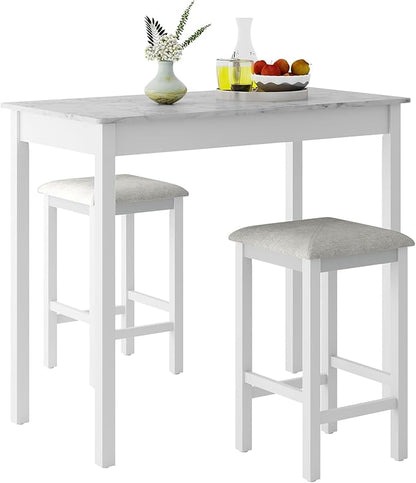 COSTWAY 3-Piece Dining Table Set, Counter-Height Bar Table with 2 Upholstered Bar Stools, Rubber Wood Legs, Anti-Slip Foot Pads, Modern Furniture Set for Dining Room, Kitchen, White+Grey