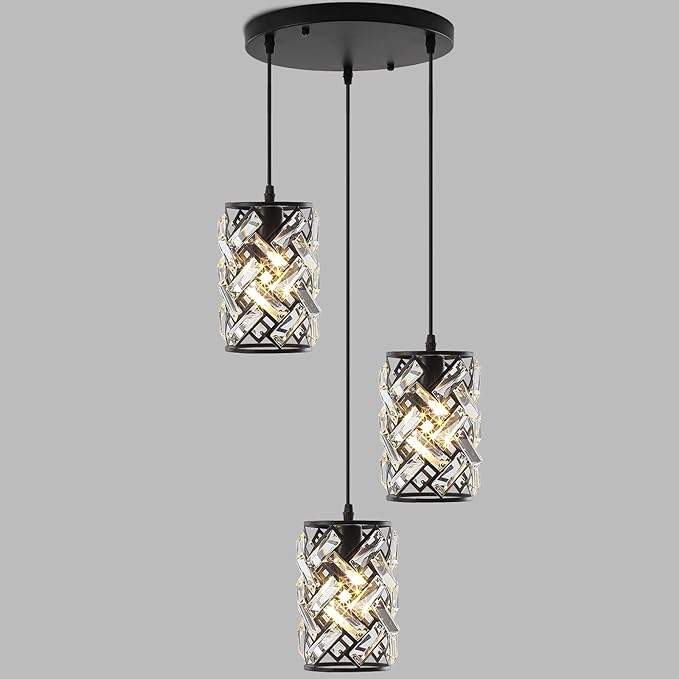 Pendant Lights Kitchen Island, Black Crystal Chandelier Pendant Lighting 3 Light, Adjustable Modern Kitchen Island Lights Ceiling Hanging Cluster Pendant Light Fixture for Dining Room Entryway Foyer