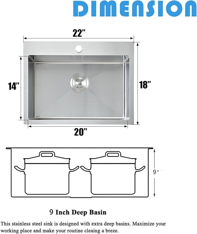 KINGO HOME 22x18 Inch Drop in Kitchen Sink,16 Gauge Topmount RV Small Kitchen Bar Sinks,Stainless Steel Outdoor Prep Single Bowl Workstation Wet Bar Sink with Stainless Steel Strainer