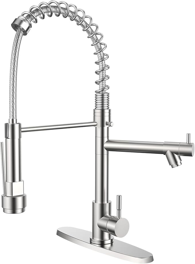 FEELSO Kitchen Faucet with Pull Down Sprayer, Single Handle Stainless Steel Pull Out Spring Kitchen Sink Faucets 1 Or 3 Hole Dual Function for Farmhouse Camper Laundry Utility Rv Wet Bar