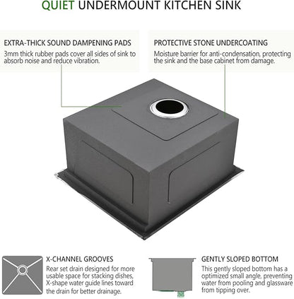 17 inch Undermount Stainless Steel Bar Sink, Swift Horse 17"x19"x9” 16Gauge Stainless Steel Undermount Workstation Kitchen Bar Sinks
