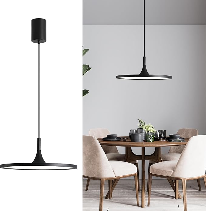 JAYMP Dining Room Modern Pendant Lighting Dimmable LED Disk Light Adjustable Height Kitchen Island Hanging Light Fixture (Black, Dia 19.7 inch)