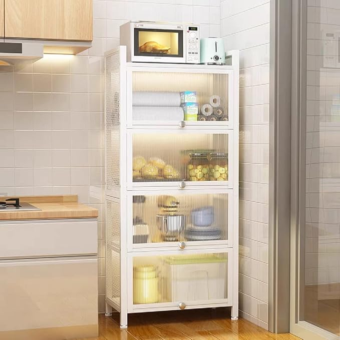 Gdrasuya10 White Kitchen Storage Cabinet Buffet Pantry, 4 Tier Metal Kitchen Pantry Cabinet with Folding Doors 56'' Tall Bookshelf Bookcase Suitable for Dining Room Living Room