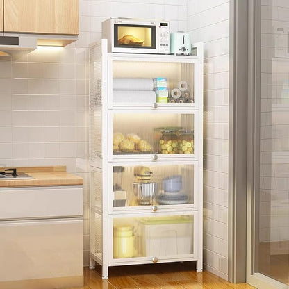 Gdrasuya10 White Kitchen Storage Cabinet Buffet Pantry, 4 Tier Metal Kitchen Pantry Cabinet with Folding Doors 56'' Tall Bookshelf Bookcase Suitable for Dining Room Living Room