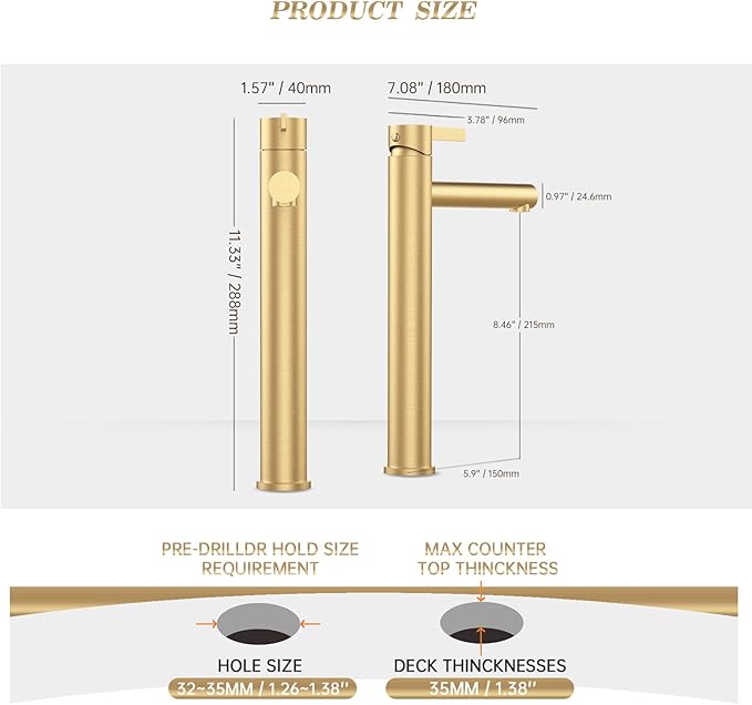 Phiestina Brushed Gold One Hole High Bathroom Vessel Sink Faucet, Single Hole Single Handle Tall Bathroom Faucet, with Pop Up Drain and Water Supply Line,FH01-BG-V