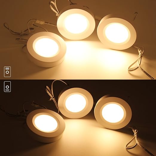 LED Under Cabinet Lighting Kit - 2Watt Warm White LED Puck Lights with UL-Listed Power Adapter for Closet, Kitchen Cabinet, Under Counter Lighting (Surface & Recessed Mount), 3Pcs