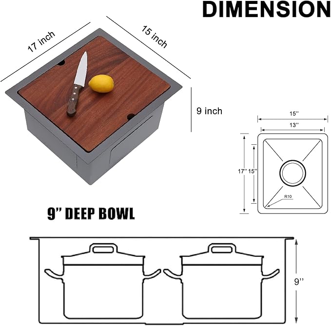 15x17 Black Bar Sink Undermount, Gunmetal Black Workstation Stainless Steel 16 Gauge Small Kitchen RV Prep Wet Bar Sink 9" Deep Single Bowl with Cutting Board