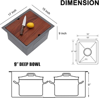15x17 Black Bar Sink Undermount, Gunmetal Black Workstation Stainless Steel 16 Gauge Small Kitchen RV Prep Wet Bar Sink 9" Deep Single Bowl with Cutting Board