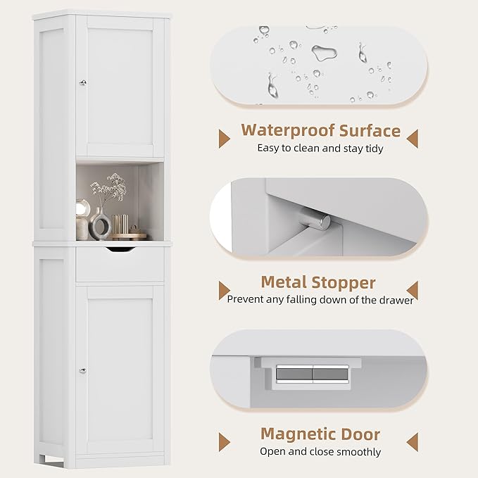 Shintenchi Tall Bathroom Storage Cabinet, Slim Corner Floor Cabinet with Doors and Drawer, Freestanding Narrow Bathroom Organizer with Adjustable Shelves for Small Space, White