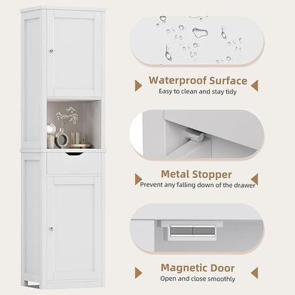 Shintenchi Tall Bathroom Storage Cabinet, Slim Corner Floor Cabinet with Doors and Drawer, Freestanding Narrow Bathroom Organizer with Adjustable Shelves for Small Space, White