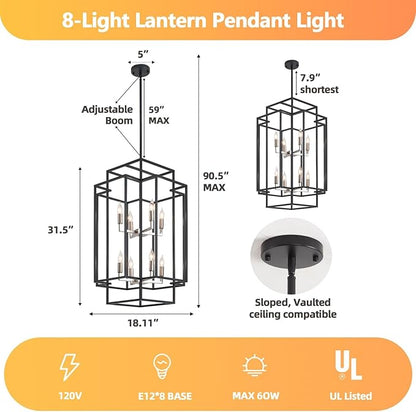 8-Light Farmhouse Chandelier, Modern Foyer Lighting Fixtures 31.5" Entryway Chandeliers for High Ceilings, Black & Silver Lantern Pendant Light, for Living Room,Staircase,Hallway