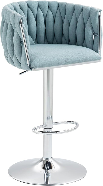 360° Swivel Fabric Bar Stools Set of 2 (Blue) - Adjustable Counter Height Chairs with Woven Back, Footrest,Silver Chrome Metal Frame - Sturdy 250LBS Capacity for Kitchen Island, Cafe, Pub.