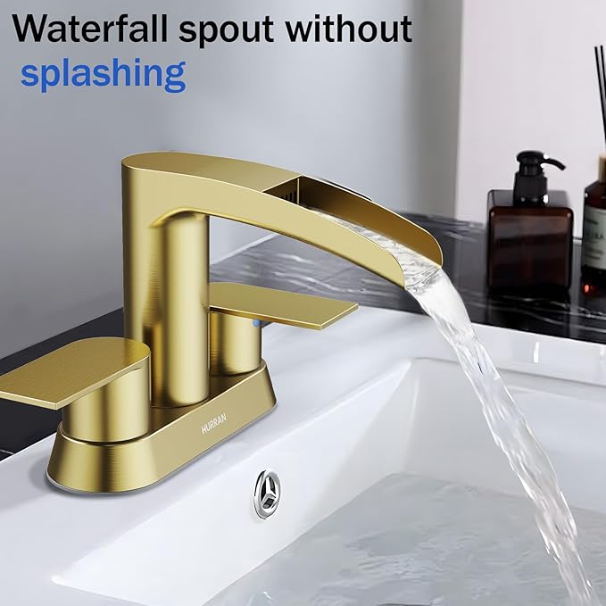 Bathroom Sink Faucet for 3 Hole, Hurran 4 Inch Faucets with Pop-up Drain, Stainless Steel 2-Handle Waterfall Faucet for Bathroom Sink, Brushed Gold