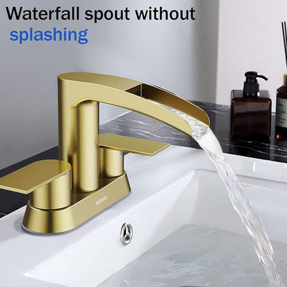 Bathroom Sink Faucet for 3 Hole, Hurran 4 Inch Faucets with Pop-up Drain, Stainless Steel 2-Handle Waterfall Faucet for Bathroom Sink, Brushed Gold