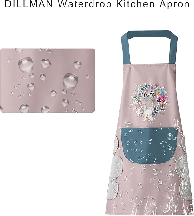 DILLMAN Women Kitchen Apron with Hand Wipe Pockets，Big Pocket,Hand-wiping, Waterproof for Cooking Baking