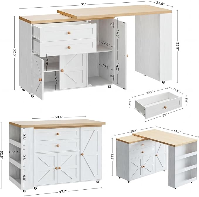 IRONCK Kitchen Island with 360° Swivel Table, 71 inch Rolling Kitchen Island Cart with Storage, Home Bar Table with Spice Rack and Drawers, Mobile Wood Kitchen Island on Wheels, White
