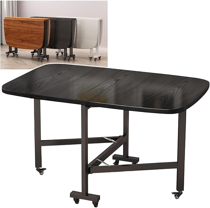 Wooden Foldable Kitchen Table with 6Wheels, Multifunction Table Drop Leaf Dining Table, Multifunction Expandable Folding Table for Small Spaces Kitchen, Bedroom, Living Room, Carbon Steel Pipe Bracket