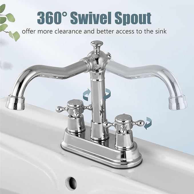 Aolemi 4 Inch Centerset Bathroom Sink Faucet Vintage 2 Cross Handle RV Mixer Tap Basin Vanity Lavatory Utility for Sink 3 Hole Include Hoses Pop Up Drain Faucet Handle Without Label Polish Chrome