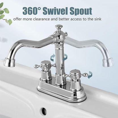 Aolemi 4 Inch Centerset Bathroom Sink Faucet Vintage 2 Cross Handle RV Mixer Tap Basin Vanity Lavatory Utility for Sink 3 Hole Include Hoses Pop Up Drain Faucet Handle Without Label Polish Chrome