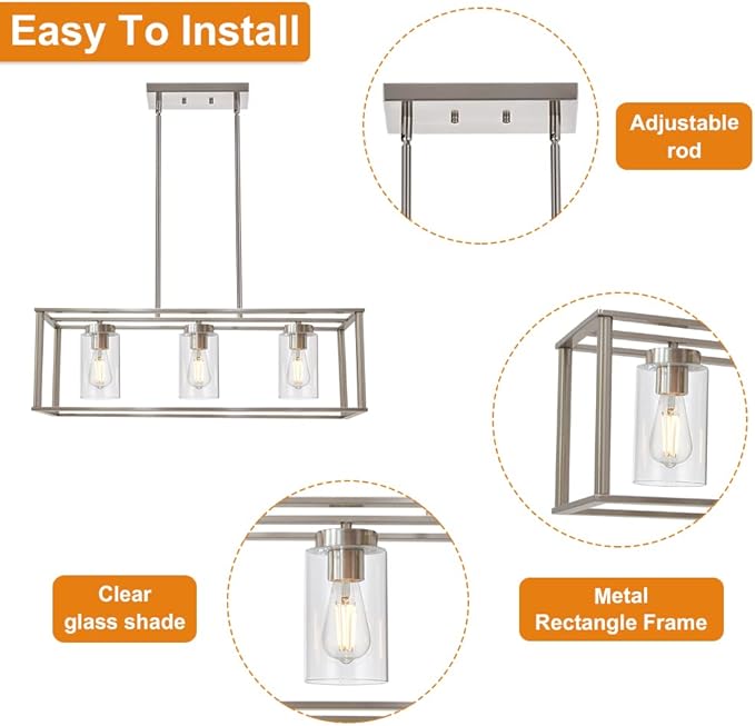 VINLUZ 3 Light Linear Chandeliers Brushed Nickel with Clear Glass Shade Modern Kitchen Island Pendant Dining Room Light Fixture Hanging Farmhouse Ceiling Light for Living Room Bar