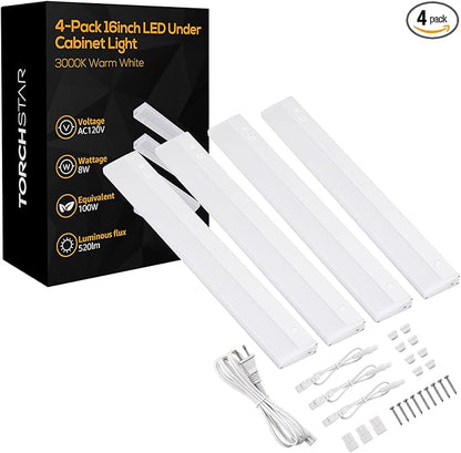 TORCHSTAR Plug in Under Cabinet Lighting, ETL Listed Linkable LED Under Cabinet Light Kit, Individual Control, 16 Inch, 3000K Warm White, 8W, Pack of 4