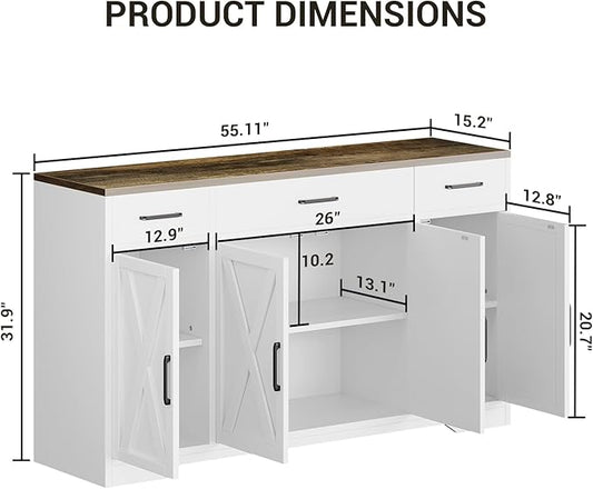55" Sideboard with Storage Kitchen Storage Cabinet with 3 Drawers, Modern Large Wood Farmhouse Buffet Cabinet TV Stand Coffee Bar for Living Room Hallway