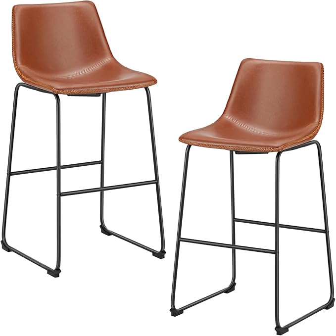 DUMOS Counter Height Bar Stools Set of 2, 30 inch Height Stool Faux Leather Barstools with Back, Armless Kitchen Island Countertop Comfortable Modern Chairs with Metal Legs, Warm Brown