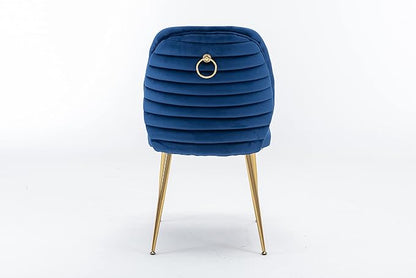 Modern Velvet Dining Chairs Set of 2, Woven Accent Kitchen Chairs with 4 Sturdy Golden Metal Legs and Back, Armless Side Chair with Ring for Indoor, Kitchen Island, Dining Room, Living Room (Blue)