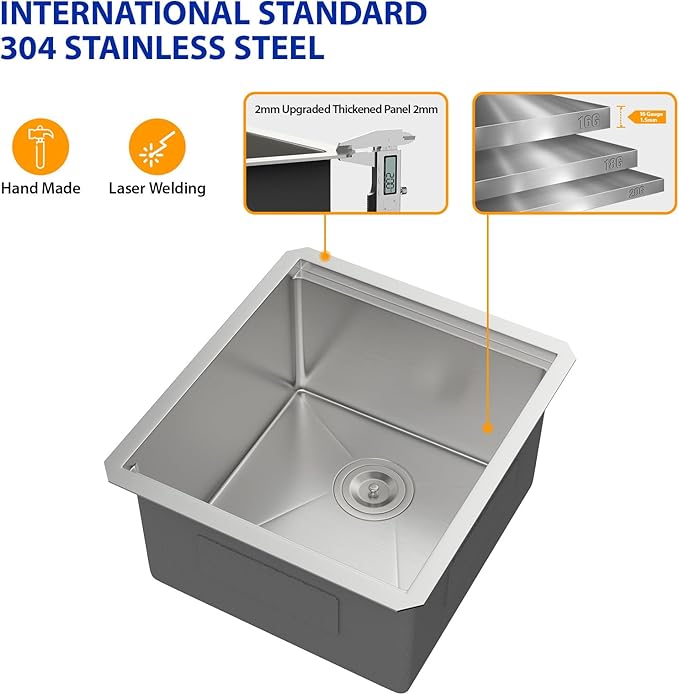 Dcolora 17 In. Undermount Bar Sink Single Bowl Workstation, Round Corner Stainless Steel Prep Sink for RV Camper, 16 Gauge, 17"x19"x10" #DC-U7735