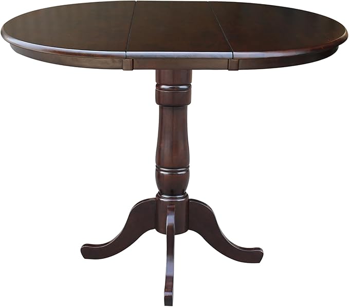 International Concepts 36-Inch Round Top Pedestal Table with 12-Inch Leaf, 36-Inch Counter Height, Rich Mocha