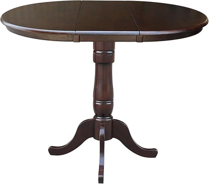International Concepts 36-Inch Round Top Pedestal Table with 12-Inch Leaf, 36-Inch Counter Height, Rich Mocha