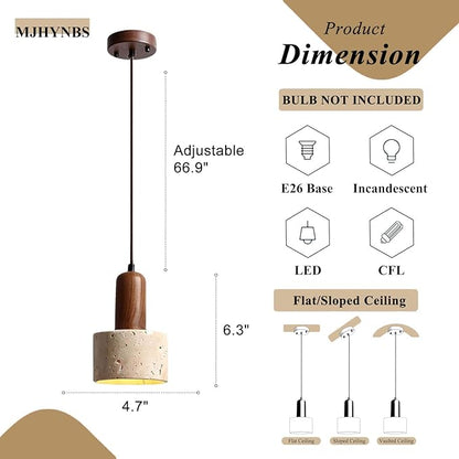 Modern Walnut Wood Decoration Hanging Light, Stone Pendant Light, Small Yellow Travertine Pendant Lamp, Retro Adjustable Pendant Light for Farmhouse Kitchen Island
