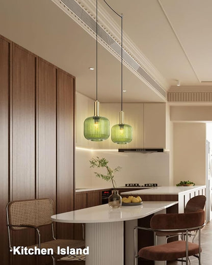 Plug in Glass Pendant Light 1-Light Gold Industrial Light with 14.7FT Black Cord Mid-Century Modern Pendant Lamp for Kitchen Sink Living Room Bedroom, Indoor Green Glass Lamp