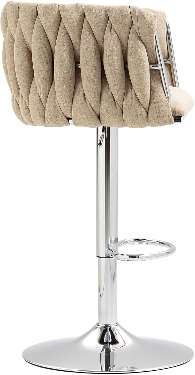 360° Fabric Cover Swivel Bar Stools Set of 2, Adjustable Counter Height Bar Chairs with Woven Back Footrest, Silver Chromed Bar Stools for Kitchen Island, Cafe, Pub (Yellow)