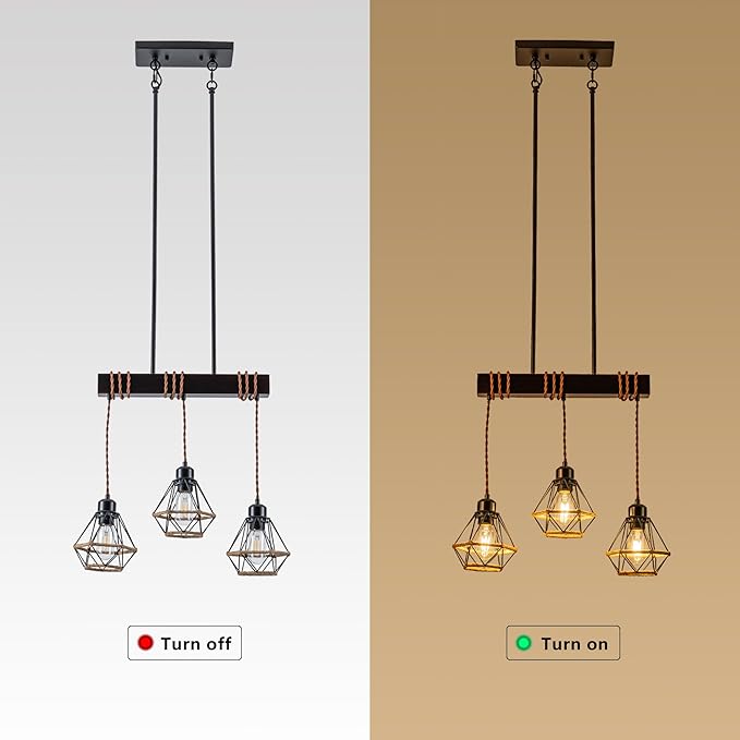 3 Light Kitchen Island Lighting, Farmhouse Chandeliers for Dining Room Light Fixtures Over Table, Modern Wood Pendant Lights Kitchen Island with Metal Lampshade