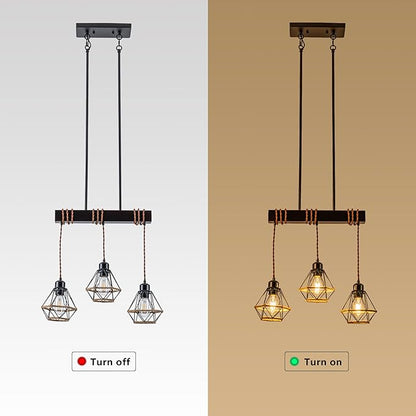 3 Light Kitchen Island Lighting, Farmhouse Chandeliers for Dining Room Light Fixtures Over Table, Modern Wood Pendant Lights Kitchen Island with Metal Lampshade