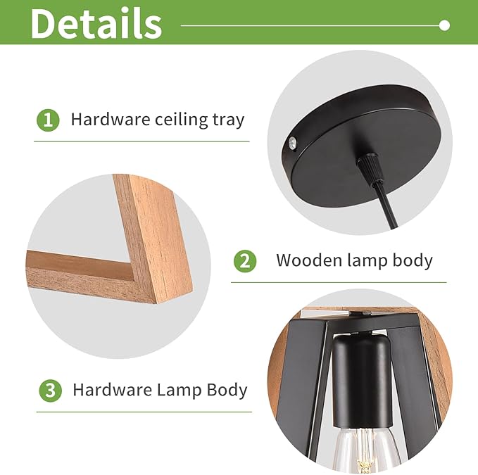 Kitchen Island Pendant Lights, Black Industrial Metal and Vintage Wood Hanging Light, Mini Farmhouse Chandelier, Adjustable Height Rustic Ceiling Lamp for Entryway, Dining Room, Foyer